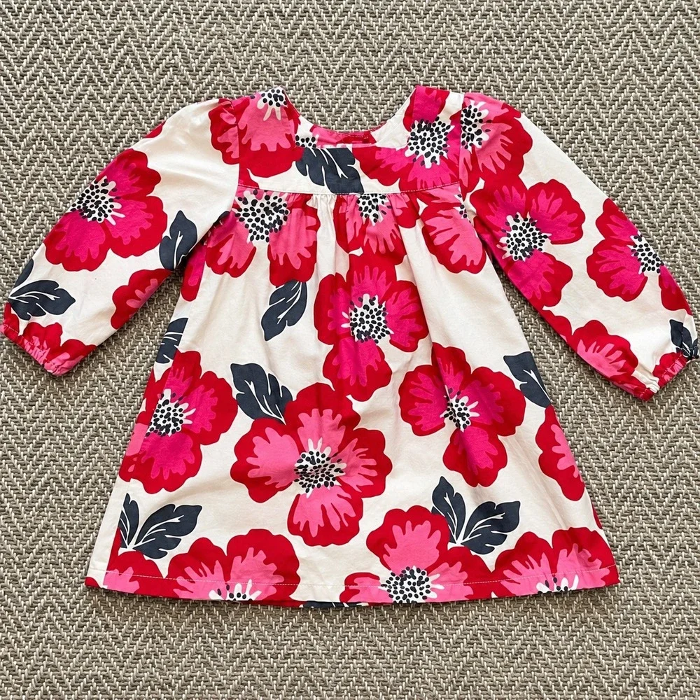 OshKosh B'gosh 2T Floral Dress 100% Cotton Long Sleeve Pink Red Toddler